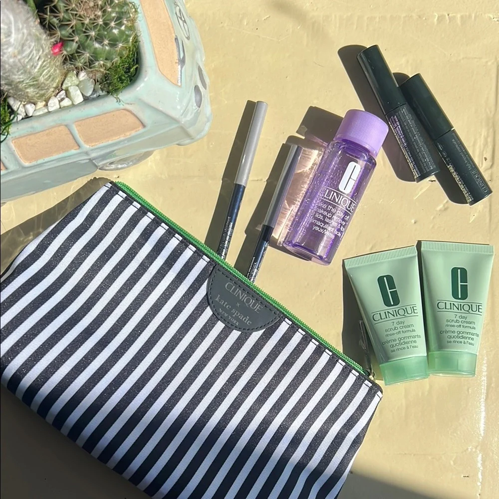 Clinique Black and White Striped Makeup Bag with Skincare Set
